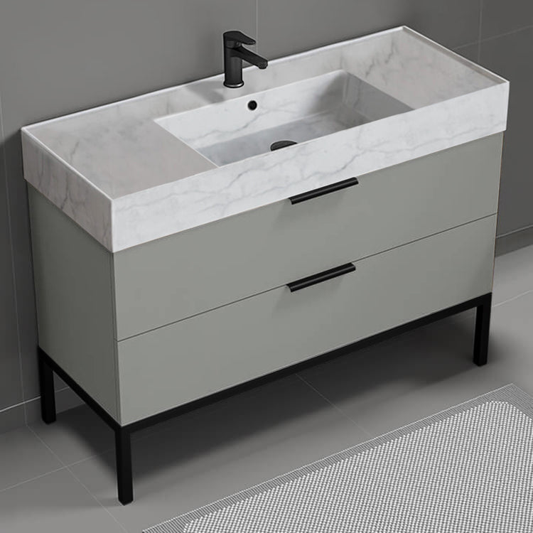 Modern Bathroom Vanity With Marble Design Sink, Floor Standing, 48", Grey Mist