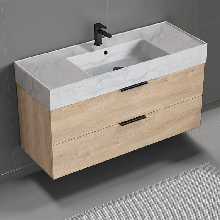 48" Bathroom Vanity With Marble Design Sink, Floating, Brown Oak