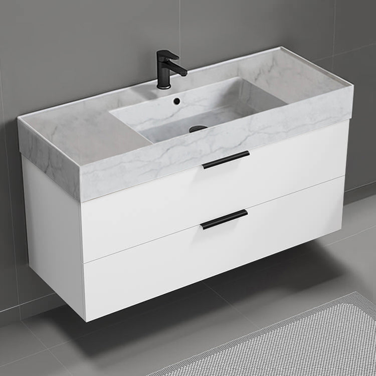 Modern Bathroom Vanity With Marble Design Sink, Wall Mounted, 48", Glossy White