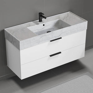 Modern Bathroom Vanity With Marble Design Sink, Wall Mounted, 48", Glossy White
