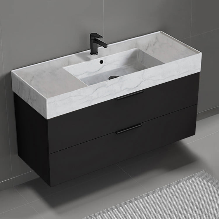 Modern Bathroom Vanity With Marble Design Sink, Wall Mount, 48", Matte Black
