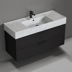 Modern Bathroom Vanity With Marble Design Sink, Wall Mount, 48", Matte Black