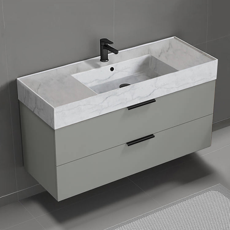 Modern Bathroom Vanity With Marble Design Sink, Wall Mounted, 48", Grey Mist