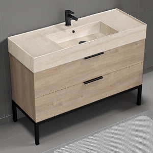 Modern Bathroom Vanity With Beige Travertine Design Sink, Free Standing, 48", Brown Oak