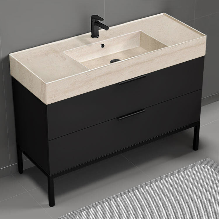 48" Bathroom Vanity With Beige Travertine Design Sink, Free Standing, Matte Black