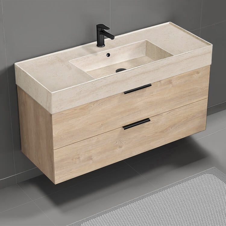 48" Bathroom Vanity With Beige Travertine Design Sink, Floating, Brown Oak