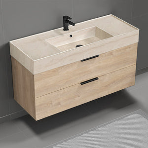48" Bathroom Vanity With Beige Travertine Design Sink, Floating, Brown Oak