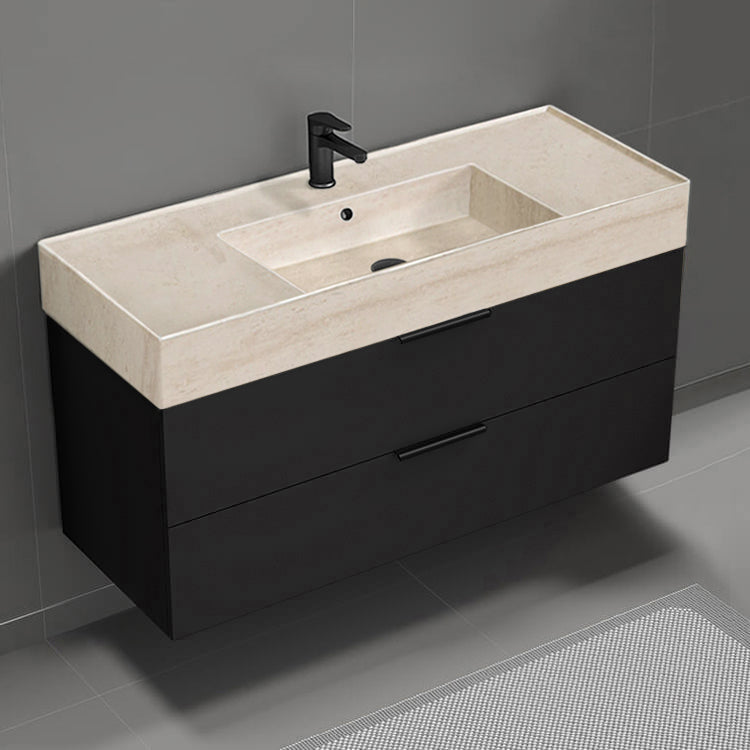 Modern Bathroom Vanity With Beige Travertine Design Sink, Wall Mount, 48", Matte Black