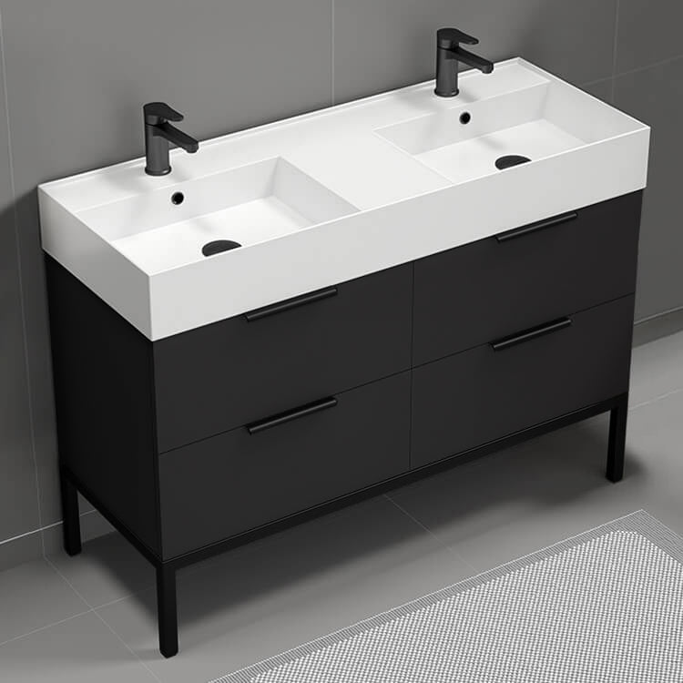 48" Bathroom Vanity, Double Sink, Modern, Floor Standing, Matte Black