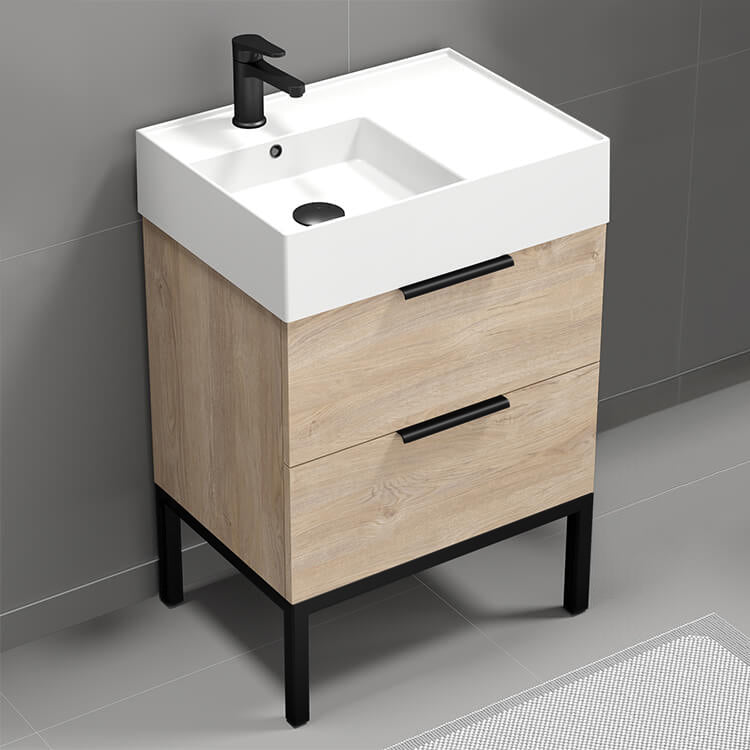 24" Bathroom Vanity, Free Standing, Modern, Brown Oak