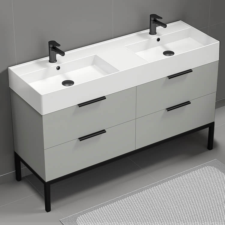 56" Bathroom Vanity, Double Sink, Free Standing, Modern, Grey Mist