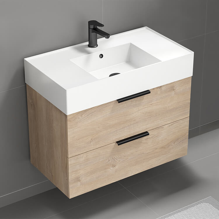 Modern Bathroom Vanity, 32", Wall Mounted, Brown Oak