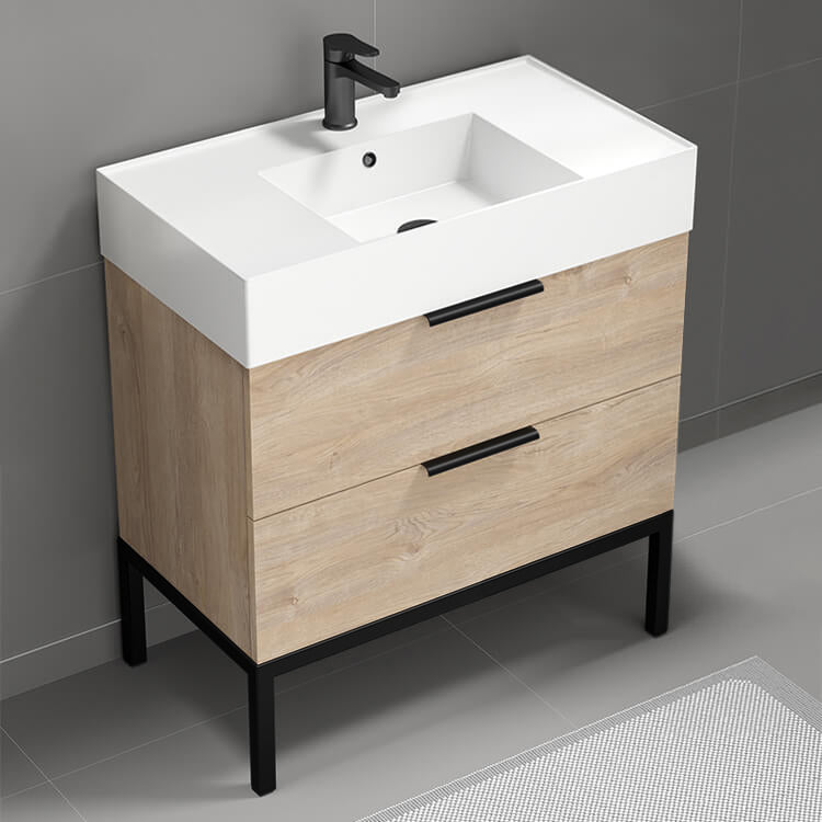 Modern Bathroom Vanity, Free Standing, 32", Brown Oak