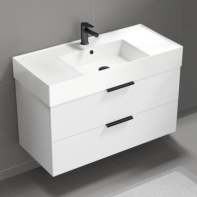 Floating Bathroom Vanity, Modern, 40", Glossy White