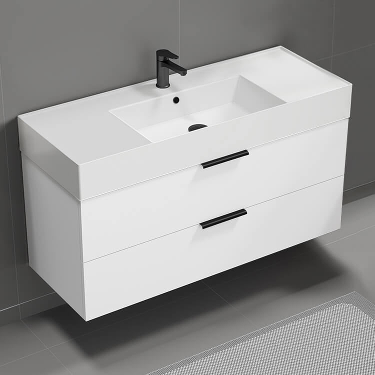 Modern Bathroom Vanity, Wall Mounted, 48", Glossy White