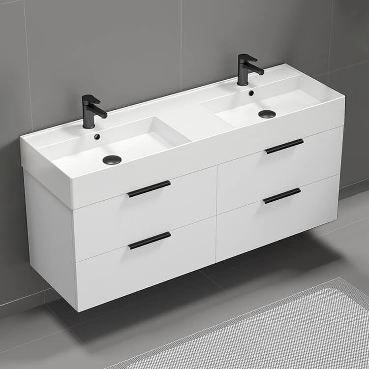 56" Bathroom Vanity, Double Sink, Wall Mount, Modern, Glossy White