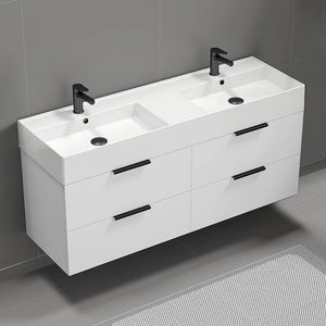 56" Bathroom Vanity, Double Sink, Wall Mount, Modern, Glossy White