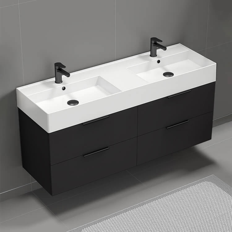 56" Bathroom Vanity, Double Sink, Wall Mounted, Black