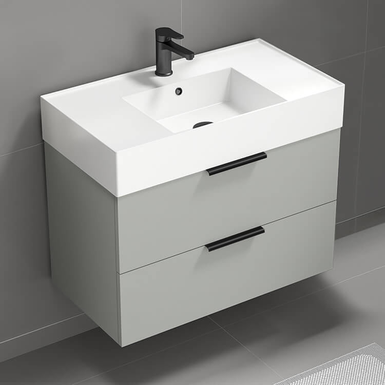 Wall Mounted Bathroom Vanity, Modern, 32", Grey Mist