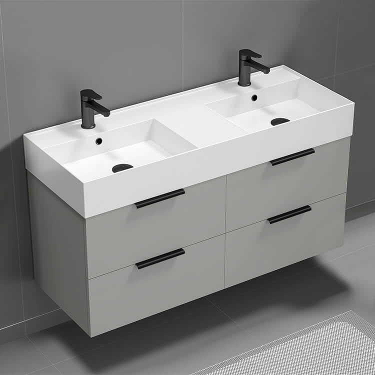 48" Bathroom Vanity, Double Sink, Floating, Modern, Grey Mist