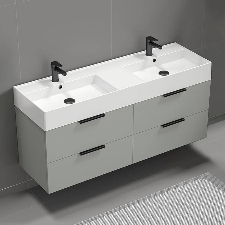 Double Bathroom Vanity, Floating, 56", Grey Mist