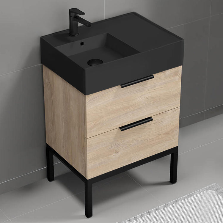 Modern Bathroom Vanity With Black Sink, Free Standing, 24", Brown Oak