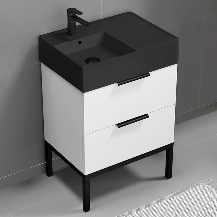 Small Bathroom Vanity With Black Sink, Floor Standing, 24", Glossy White