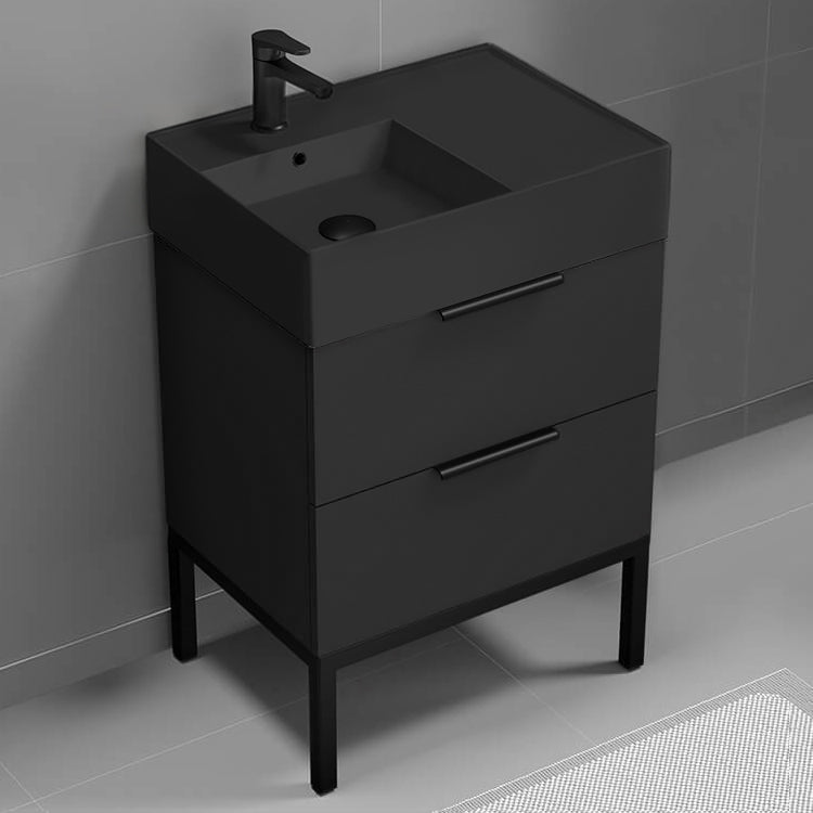 Modern Bathroom Vanity With Black Sink, Free Standing, 24", Matte Black