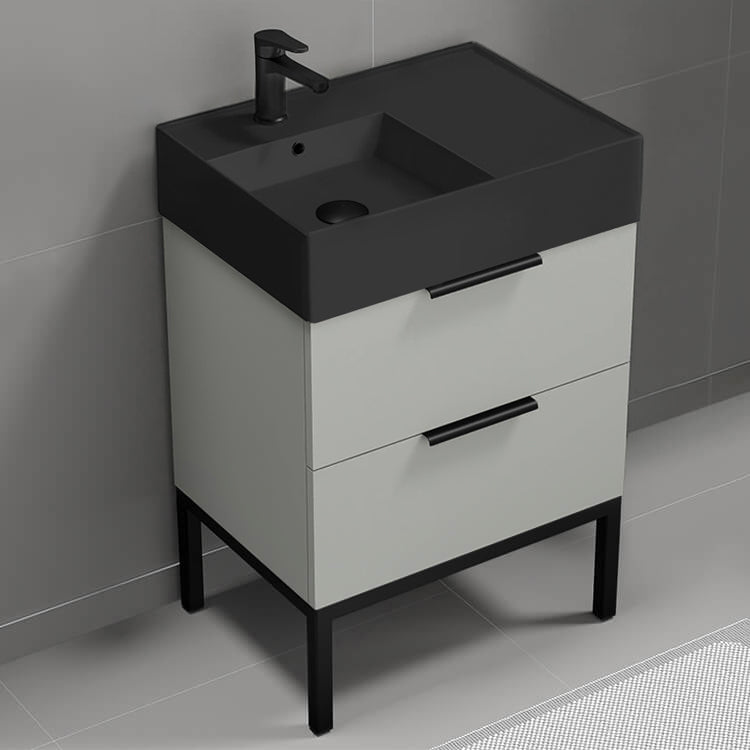 24" Bathroom Vanity With Black Sink, Modern, Floor Standing, Grey Mist