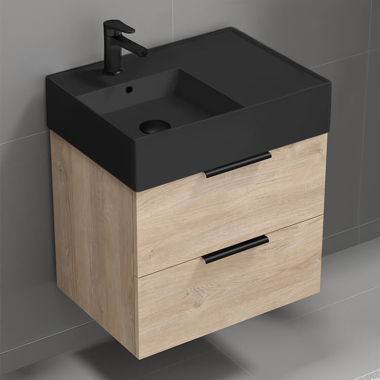 Modern Bathroom Vanity With Black Sink, Small, Floating, 24", Brown Oak