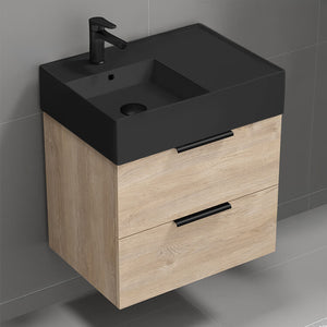 Modern Bathroom Vanity With Black Sink, Small, Floating, 24", Brown Oak