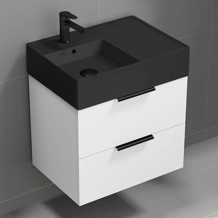 Modern Bathroom Vanity With Black Sink, Wall Mount, 24", Glossy White