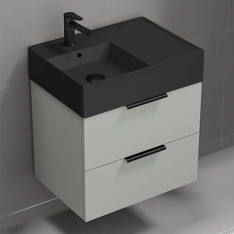 24" Bathroom Vanity With Black Sink, Modern, Wall Mount, Grey Mist