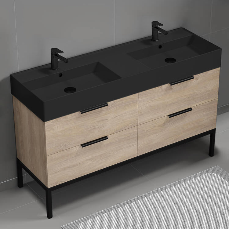 Double Bathroom Vanity With Black Sink, Floor Standing, 56", Brown Oak
