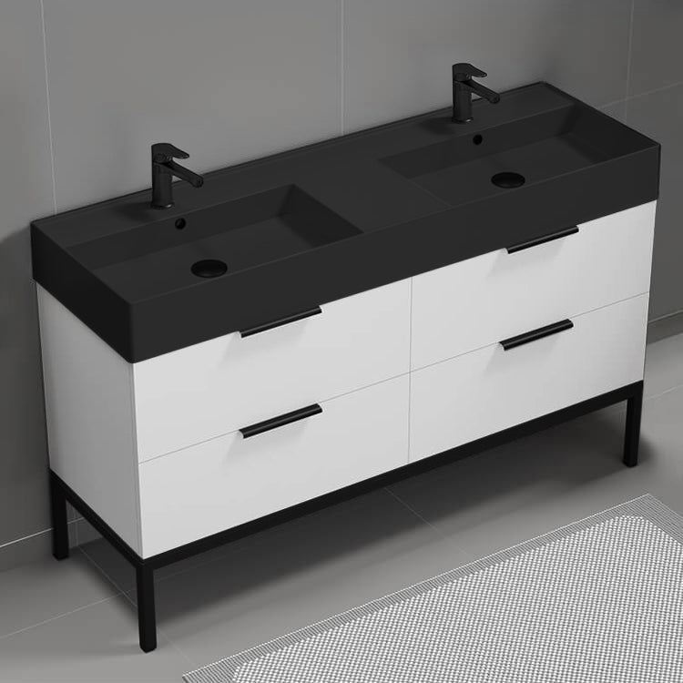 56" Bathroom Vanity With Black Sink, Double Sink, Free Standing, Modern, Glossy White