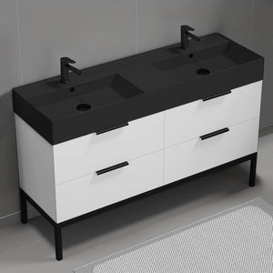 56" Bathroom Vanity With Black Sink, Double Sink, Free Standing, Modern, Glossy White