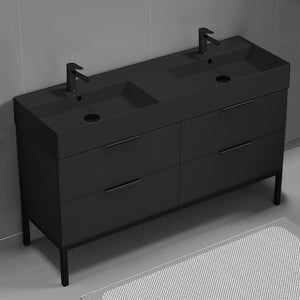 Double Bathroom Vanity With Black Sink, Floor Standing, 56", Matte Black