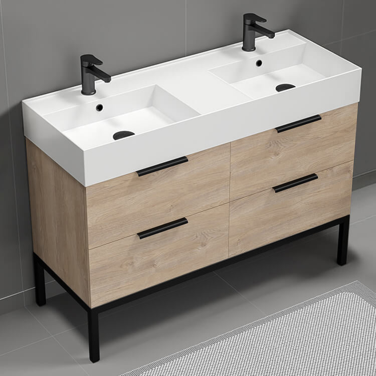 Double Bathroom Vanity, Free Standing, 48", Brown Oak