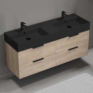 Double Bathroom Vanity With Black Sink, Wall Mounted, 56", Brown Oak