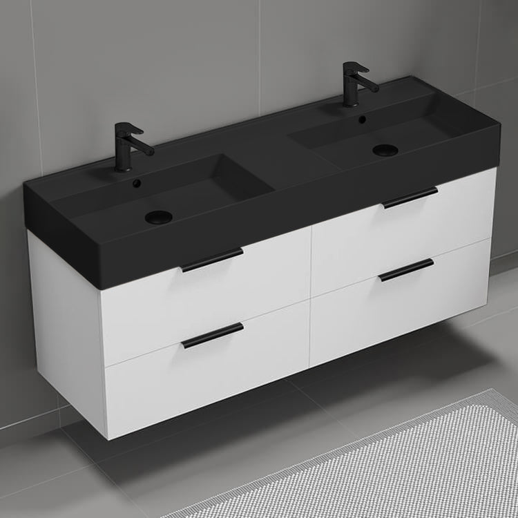 56" Bathroom Vanity With Black Sink, Double Sink, Wall Mount, Modern, Glossy White