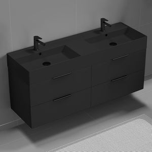 56" Bathroom Vanity With Black Sink, Double Sink, Wall Mounted, Modern, Matte Black