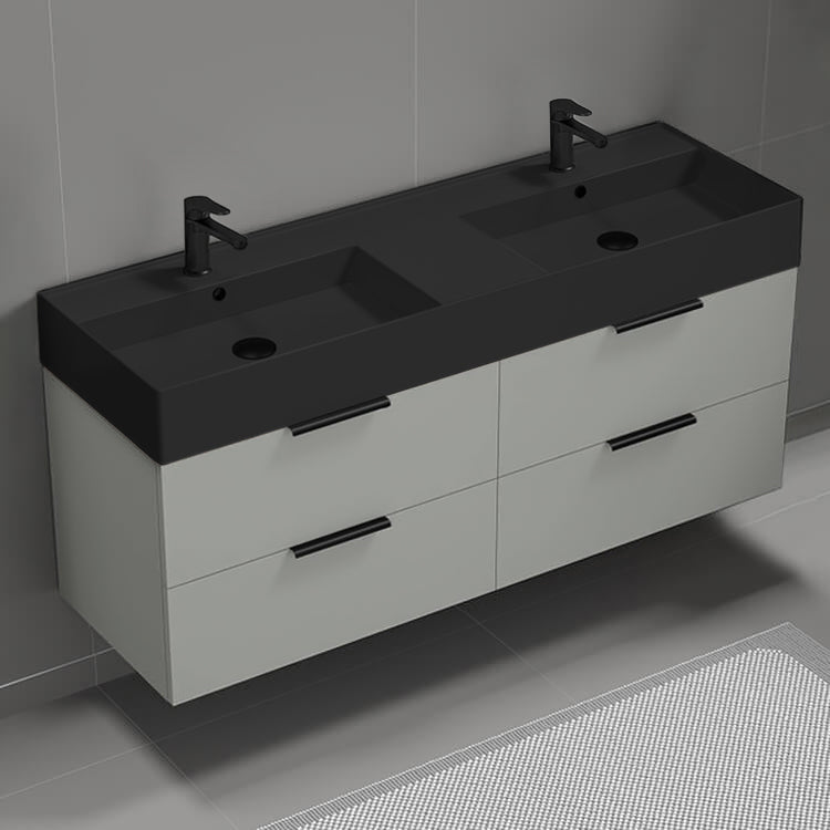 Double Bathroom Vanity With Black Sink, Floating, 56", Grey Mist