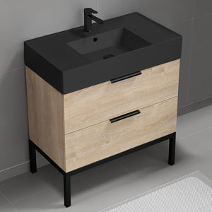 Modern Bathroom Vanity With Black Sink, Free Standing, 32", Brown Oak