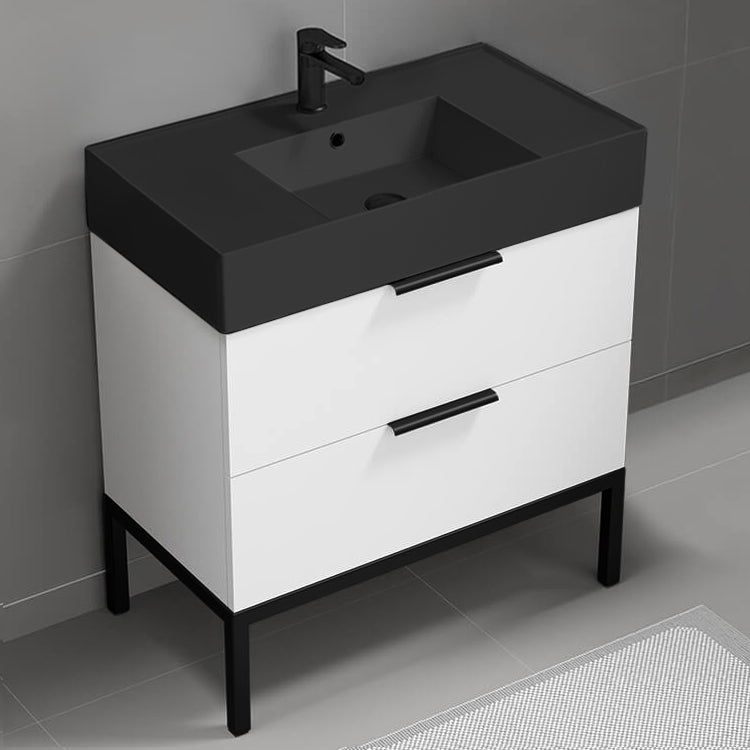 Modern Bathroom Vanity With Black Sink, Floor Standing, 32", Glossy White