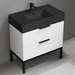 Modern Bathroom Vanity With Black Sink, Floor Standing, 32", Glossy White