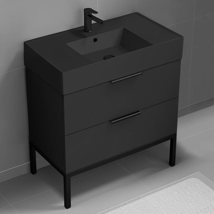 Black Bathroom Vanity With Black Sink, Modern, Free Standing, 32"