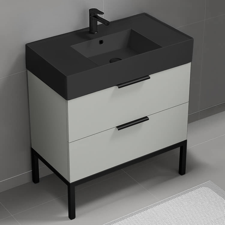 Modern Bathroom Vanity With Black Sink, Floor Standing, 32", Grey Mist