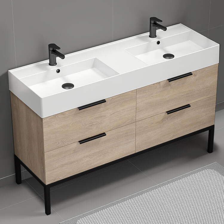 Double Bathroom Vanity, Floor Standing, 56", Brown Oak