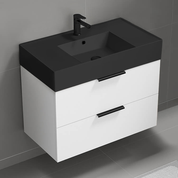 32" Bathroom Vanity With Black Sink, Modern, Wall Mount, Glossy White