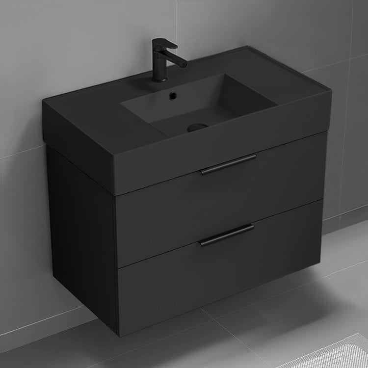 Modern Bathroom Vanity, 32", Wall Mounted, Black